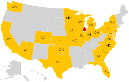 Map of USA with states Illinois (star at Chicago on map), Arizona, California, Colorado, Florida, Indiana, Iowa, Maryland, Michigan, Minnesota, Missouri, New York, New Jersey, Oklahoma, Ohio, Pennsylvania, South Carolina, Texas, Virginia, Washington, Wisconsin, Georgia, and North Carolina highlighted